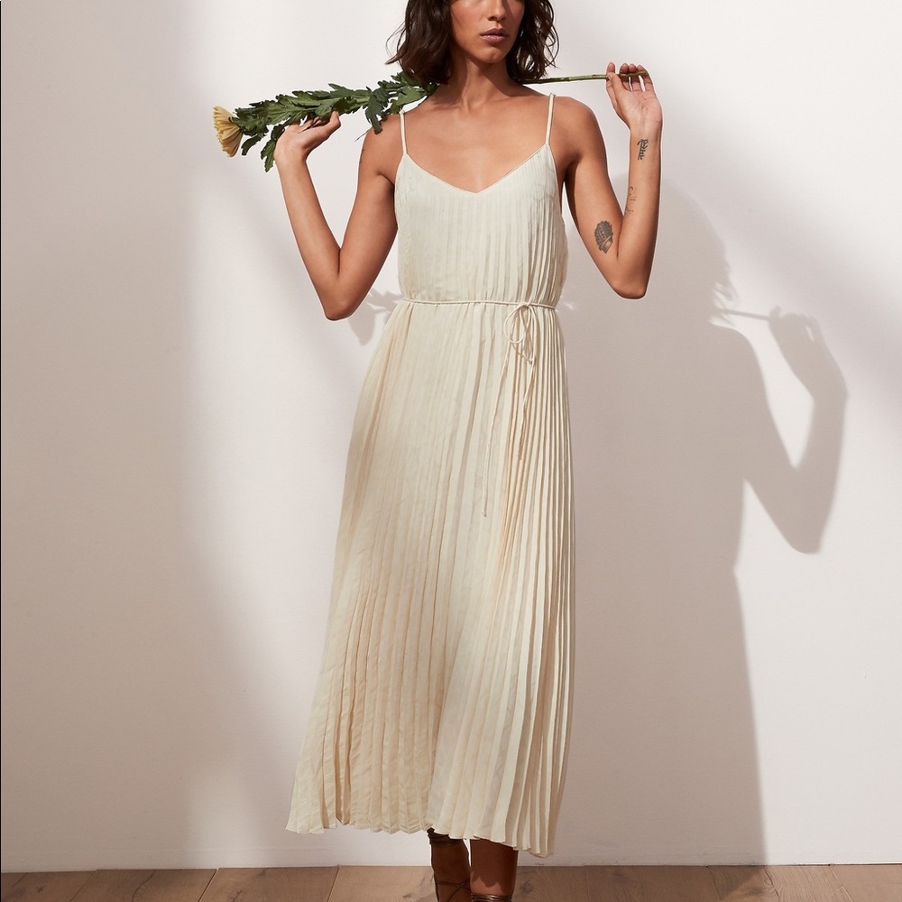 Banana Republic Satin Pleated Midi Dress in Almond